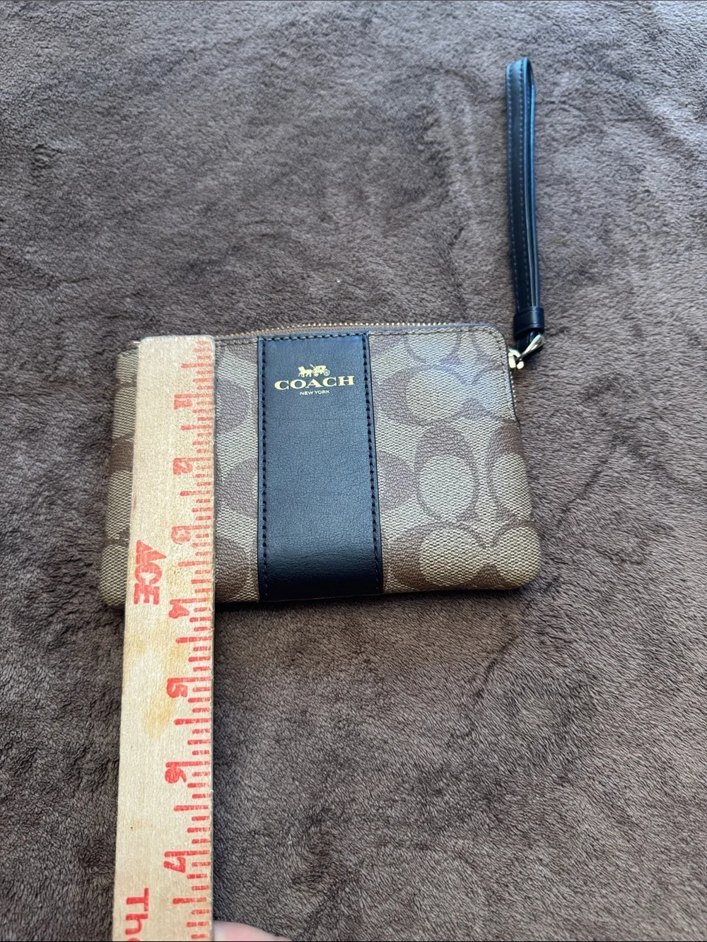Coach Brown Signature Canvas Wristlet with Black Center Stripe